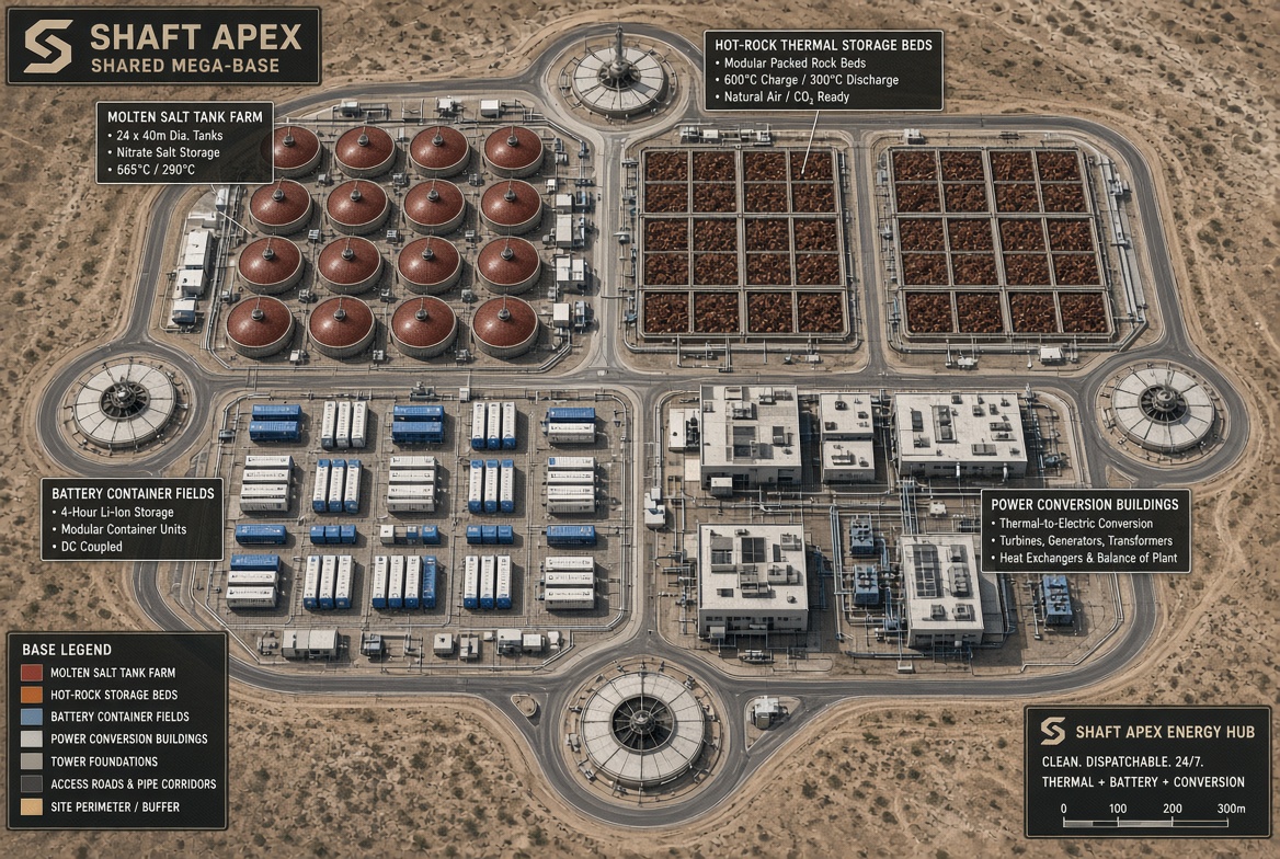 Overhead of salt tanks, hot-rock beds, and batteries