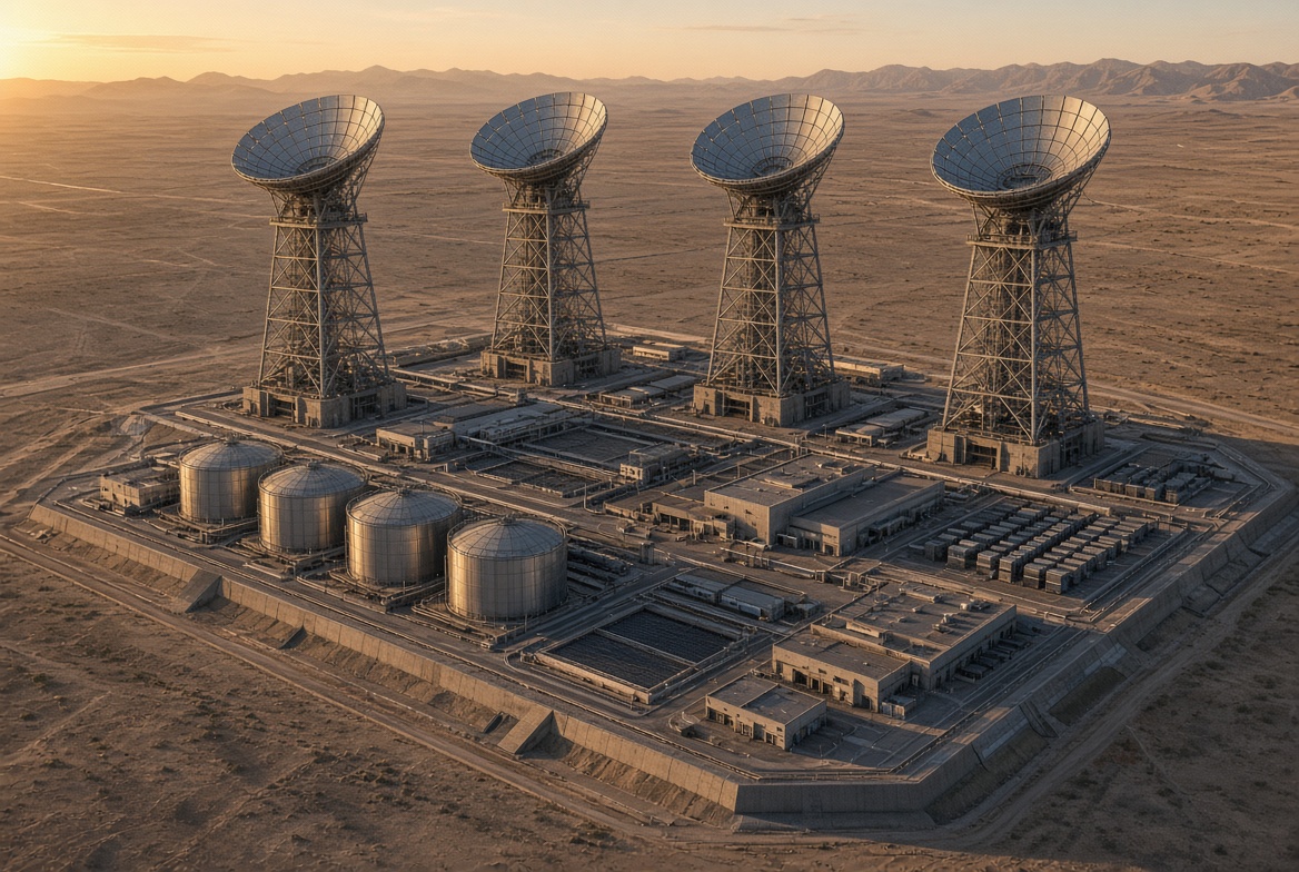 Professional view of four dish towers on a mega-base