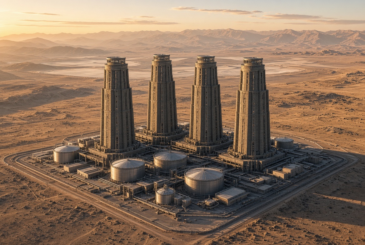 Three-quarter aerial of four Shaft Apex towers