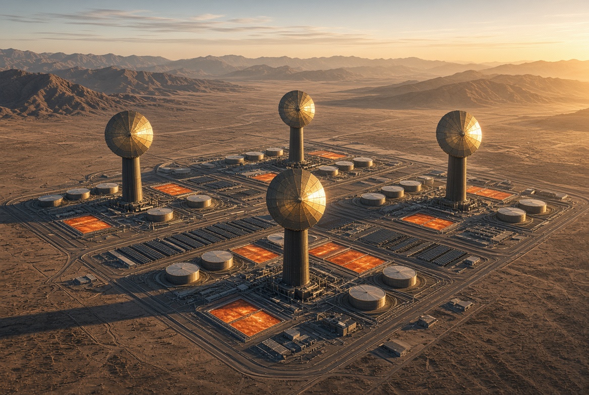 Golden-hour aerial of the four-tower array