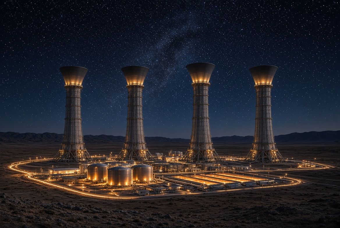 Night view of four Shaft Apex towers